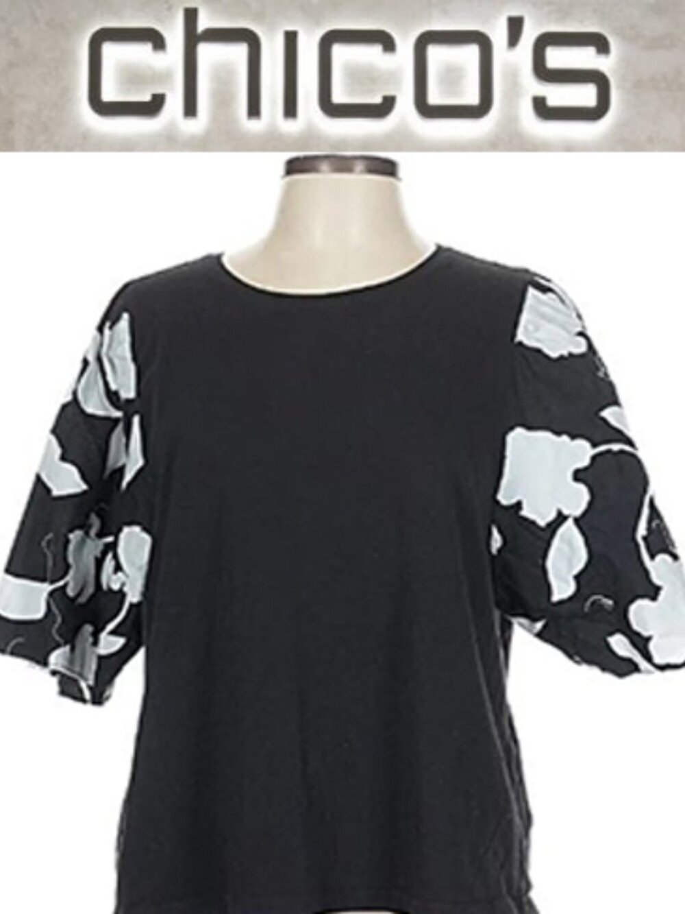 Chico's Black & Floral Sleeves Top size 2 US L 12